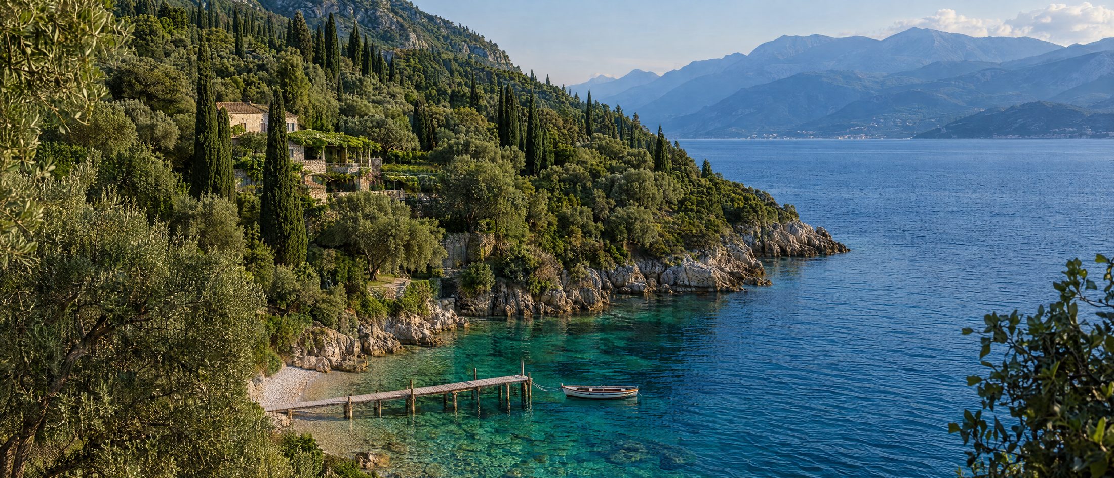 Olive groves and cypresses running down to a clear Ionian cove with a timber jetty
