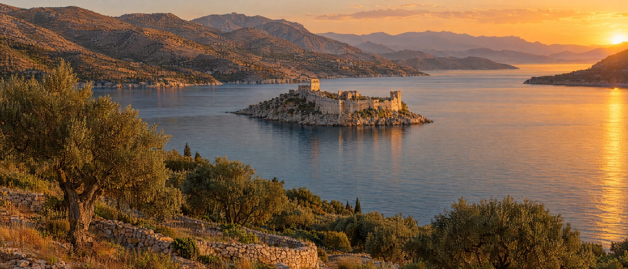 A sheltered Cretan gulf at golden hour with a Venetian fortress on a small islet