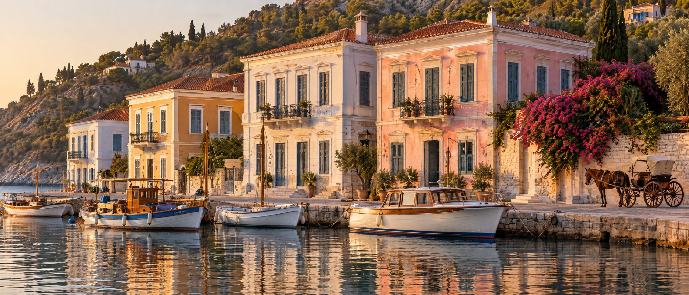 Neoclassical mansions along a Saronic harbour quay with wooden boats at golden hour